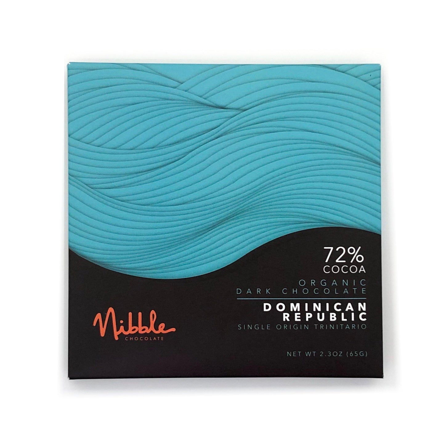 Nibble Chocolate packaging featuring 72% cocoa dark chocolate from the Dominican Republic, organic and single origin Trinitario.