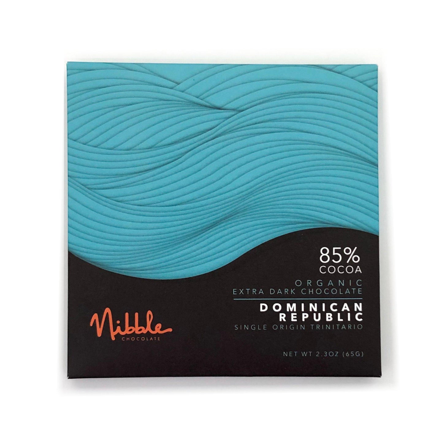 Extra dark chocolate bar featuring 85% cocoa from Dominican Republic, Nibble brand, organic and single origin Trinitario.