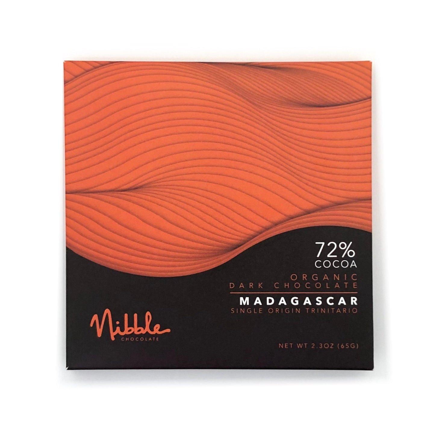 Nibble Chocolate 72% cocoa organic dark chocolate from Madagascar, featuring a unique Trinitario bean.