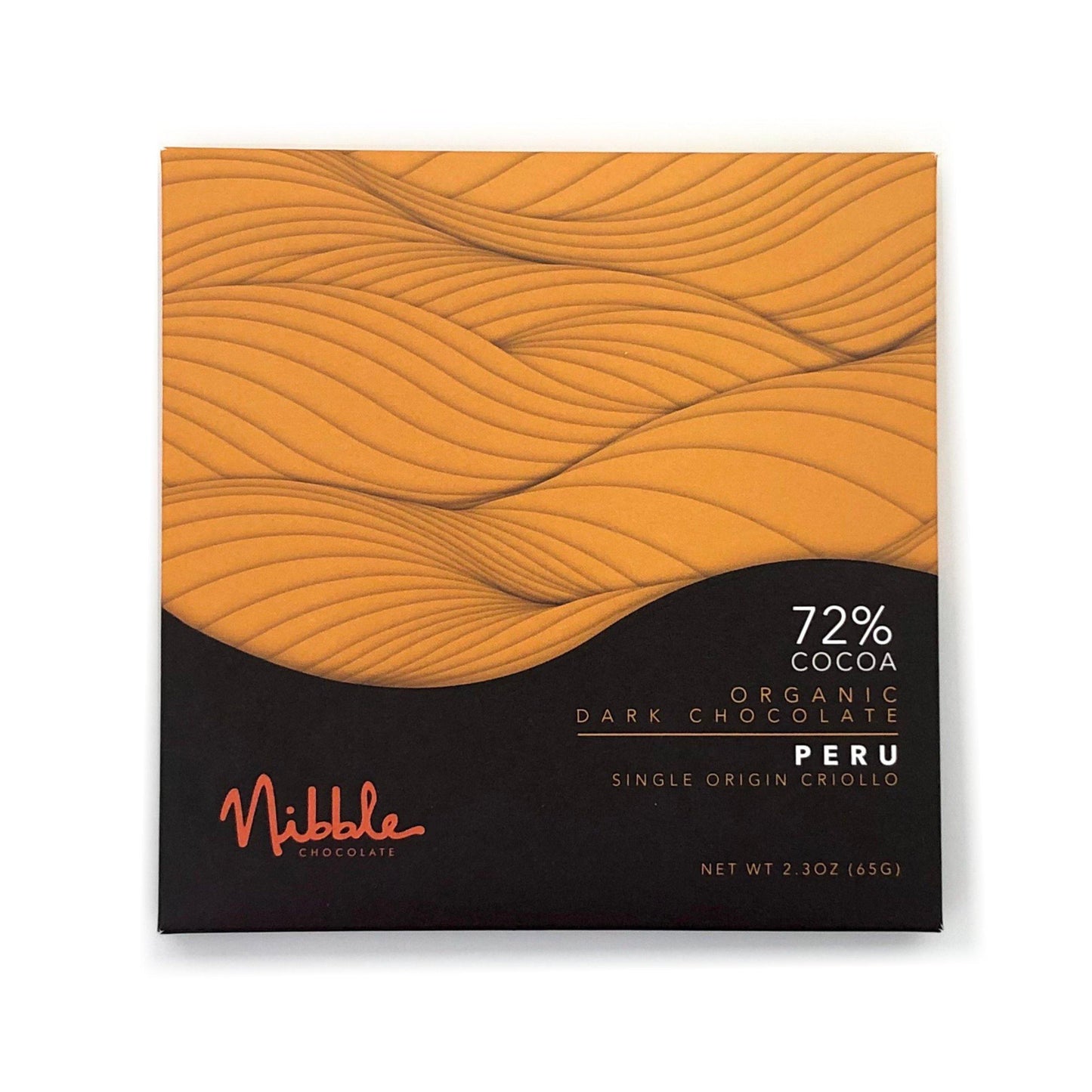 Nibble Chocolate dark chocolate packaging with 72% cocoa, organic, single origin Criollo from Peru.