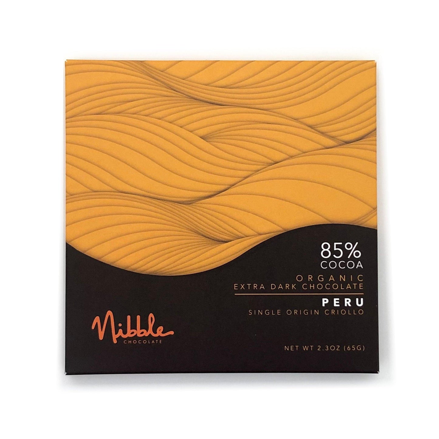 Nibble Chocolate packaging for 85% cocoa organic extra dark chocolate from Peru, single origin Criollo.