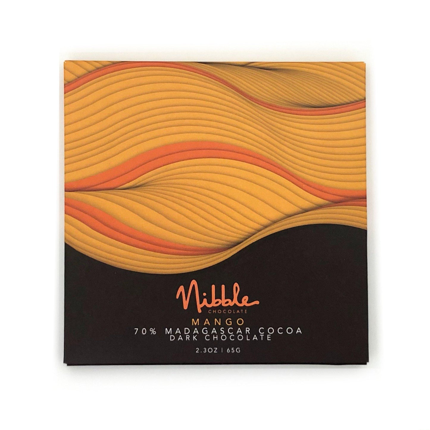 Front of 70% Cocoa Madagascar Mango Infused Chocolate Bar – Nibble Chocolate