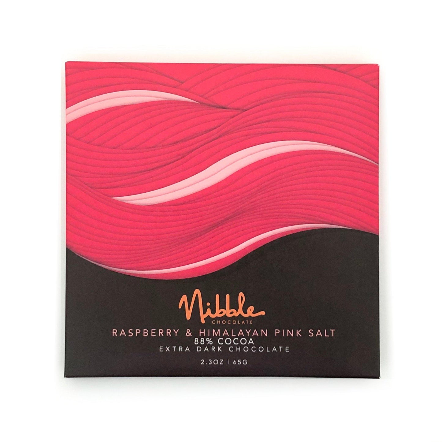 Front of 88% Cocoa Raspberry and Himalayan Pink Salt Chocolate bar – Nibble Chocolate