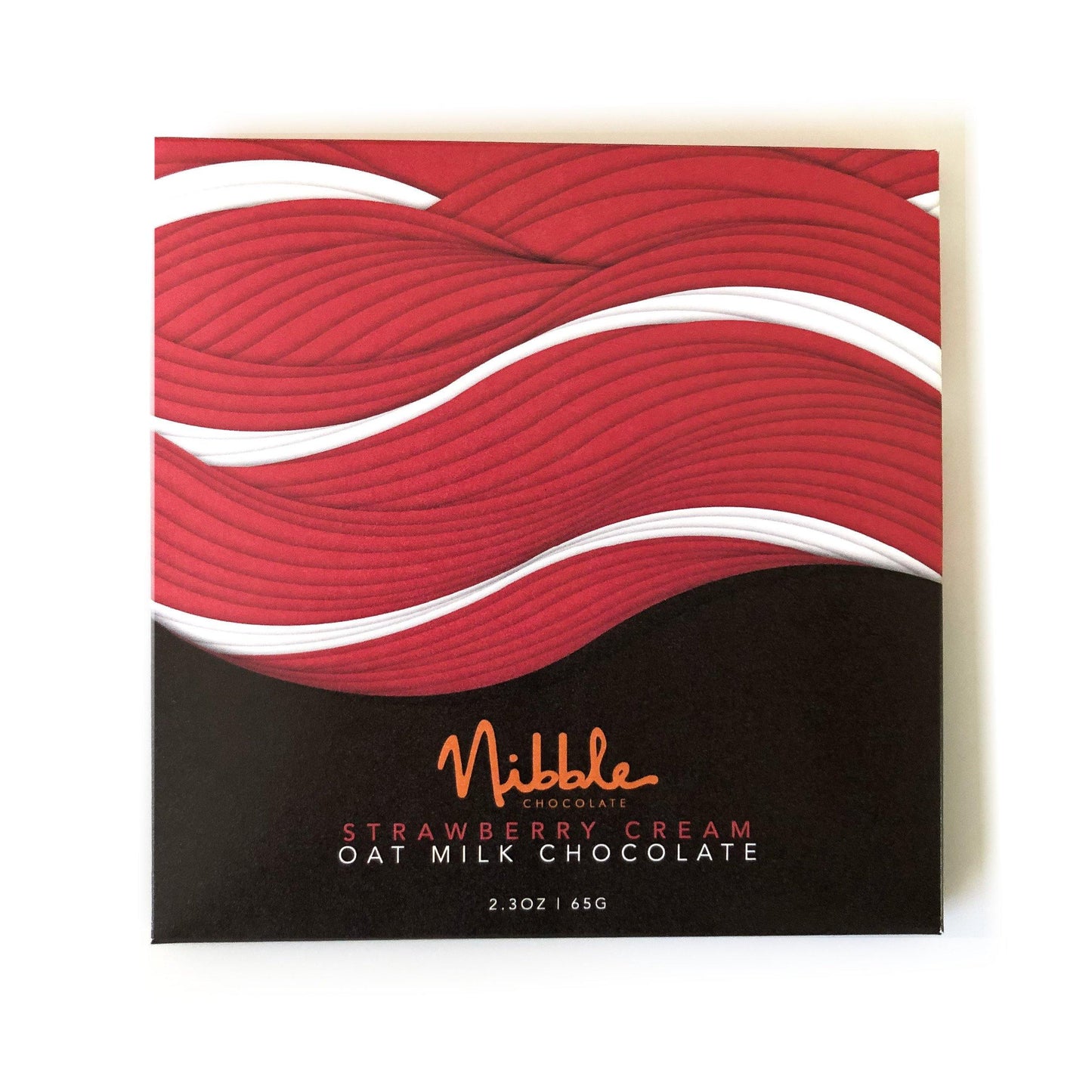 Front of Strawberry Cream Oat Milk Chocolate bar with red wave design – Non-Dairy, Nibble Chocolate