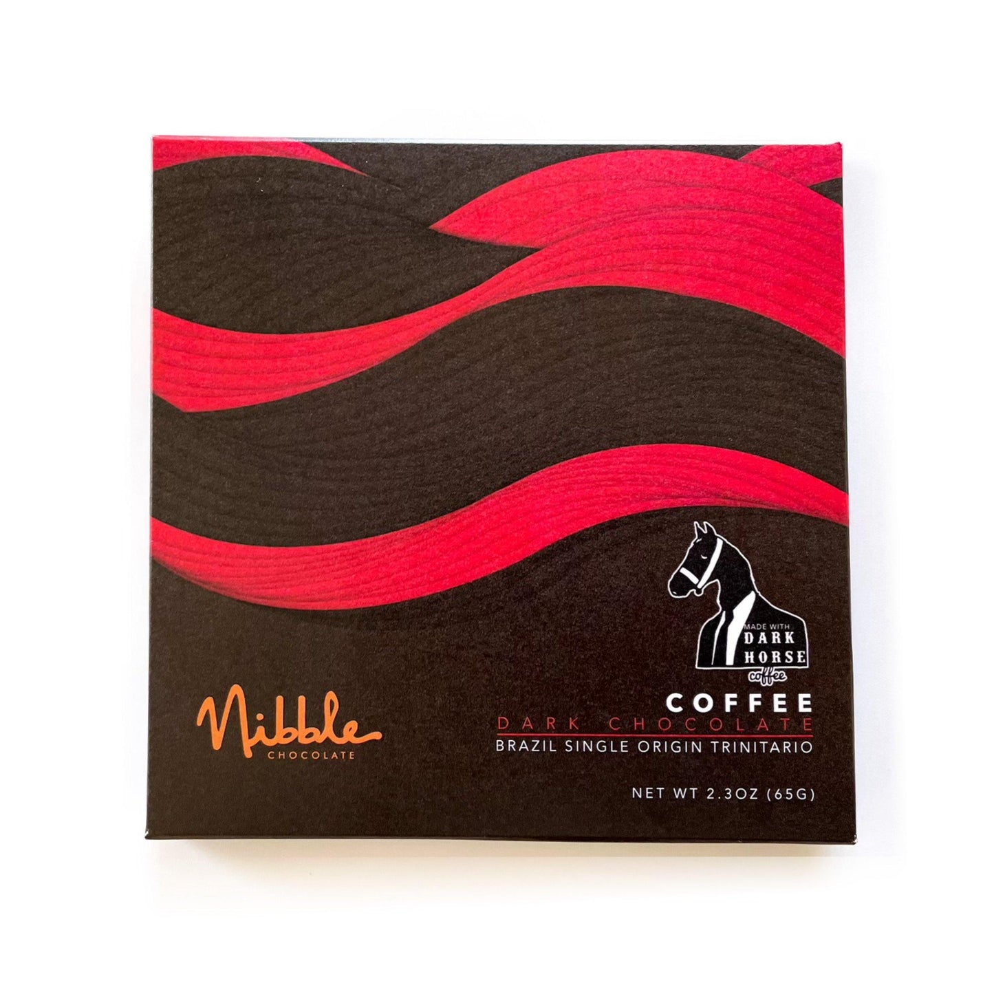 Nibble Chocolate Coffee Dark Chocolate bar packaging featuring bold red swirls and horse logo, 72% cocoa, Brazil origin.