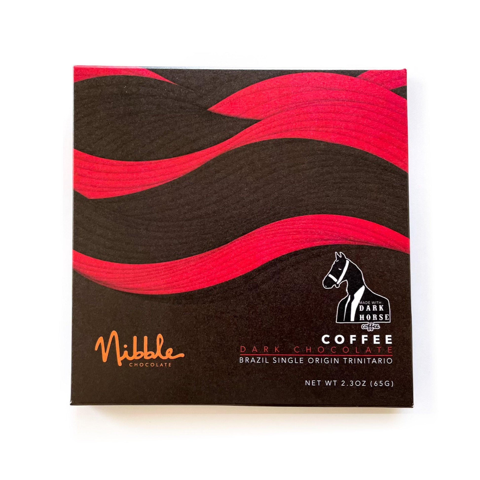 Nibble Chocolate Coffee Dark Chocolate bar packaging featuring bold red swirls and horse logo, 72% cocoa, Brazil origin.