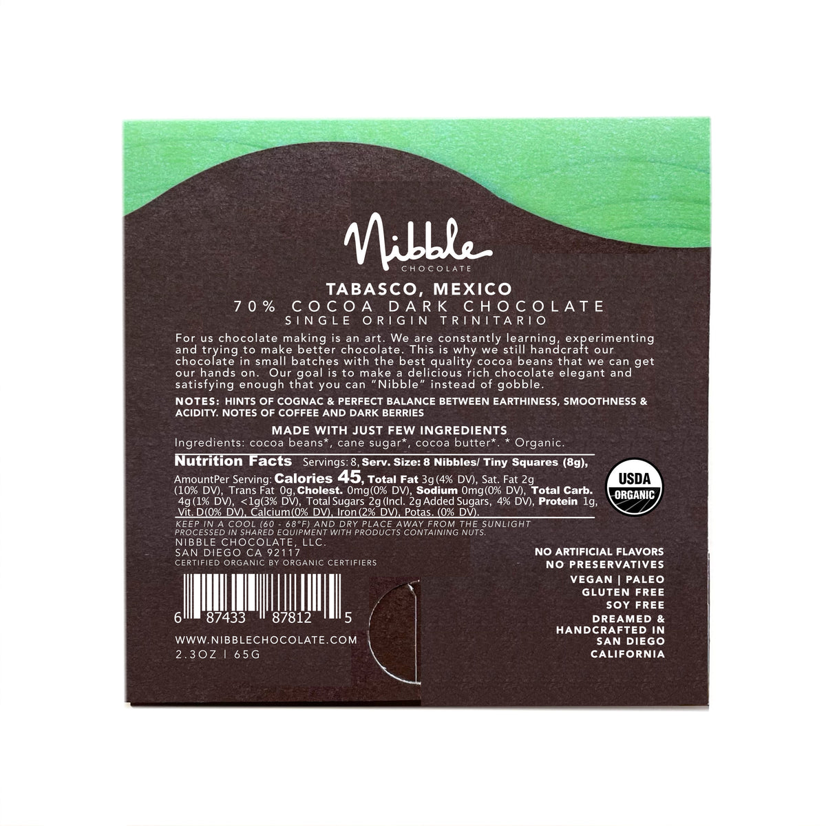 Back label of 70% Cocoa Mexico Organic Dark Chocolate bar showing ingredients