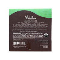 Back label of 70% Cocoa Mexico Organic Dark Chocolate bar showing ingredients