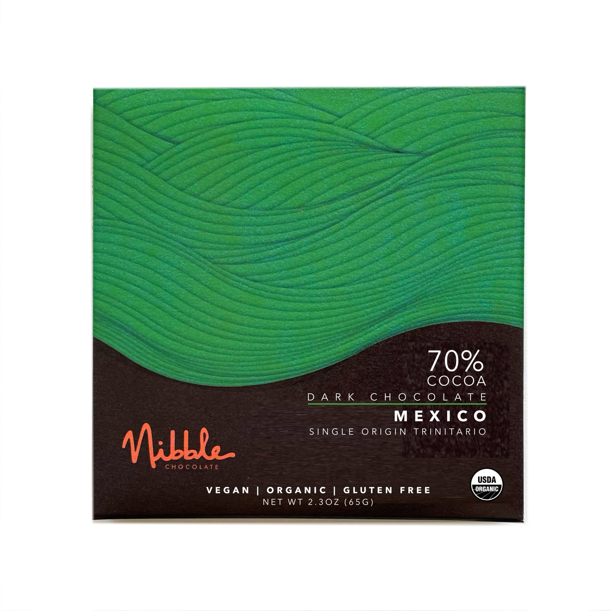 Front of Nibble Chocolate 70% Mexico Organic Dark Chocolate bar with green label