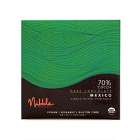 Front of Nibble Chocolate 70% Mexico Organic Dark Chocolate bar with green label