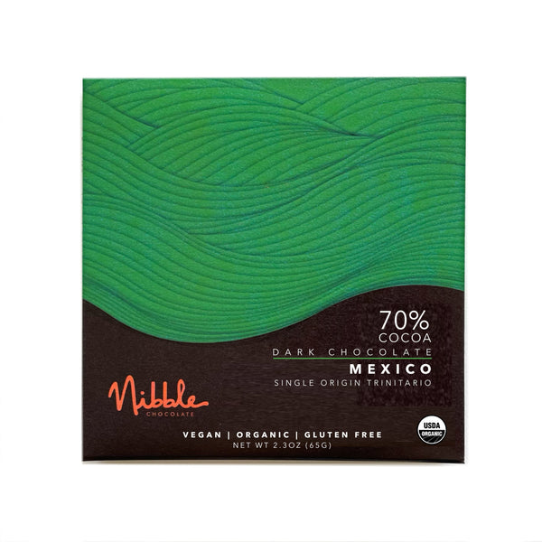 Front of Nibble Chocolate 70% Mexico Organic Dark Chocolate bar with green label
