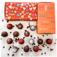 Limited Edition Vegan Valentine's Day Truffles with decorative red box and chocolate hearts