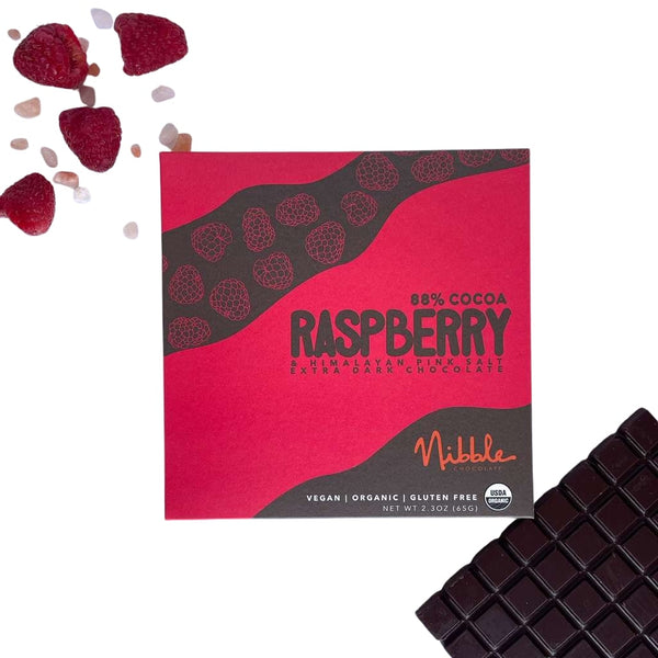 Nibble Chocolate bar — Raspberry 88% cocoa extra dark chocolate with Himalayan pink salt, 65 g.