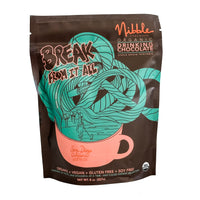 Nibble Organic Drinking Chocolate packaging featuring a whimsical design and a tagline 'Break from It All'.