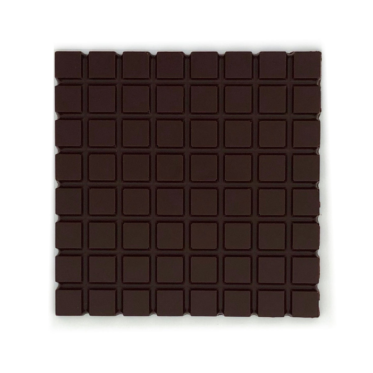 Unwrapped 70% dark chocolate bar square from Nibble Chocolate on white background
