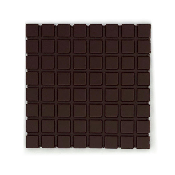 Square dark chocolate bar with a grid pattern, made from 72% organic cocoa sourced from the Dominican Republic.