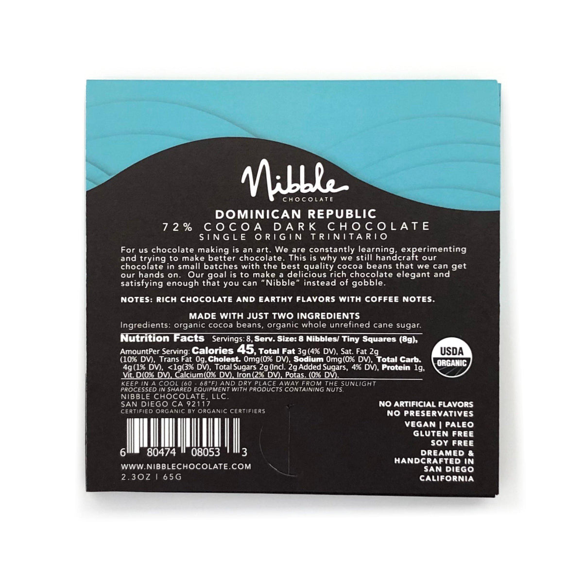 Back packaging of Nibble Chocolate, 72% cocoa dark chocolate from Dominican Republic, featuring nutrition facts and ingredient list.