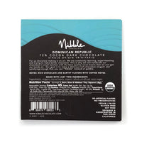 Back packaging of Nibble Chocolate, 72% cocoa dark chocolate from Dominican Republic, featuring nutrition facts and ingredient list.