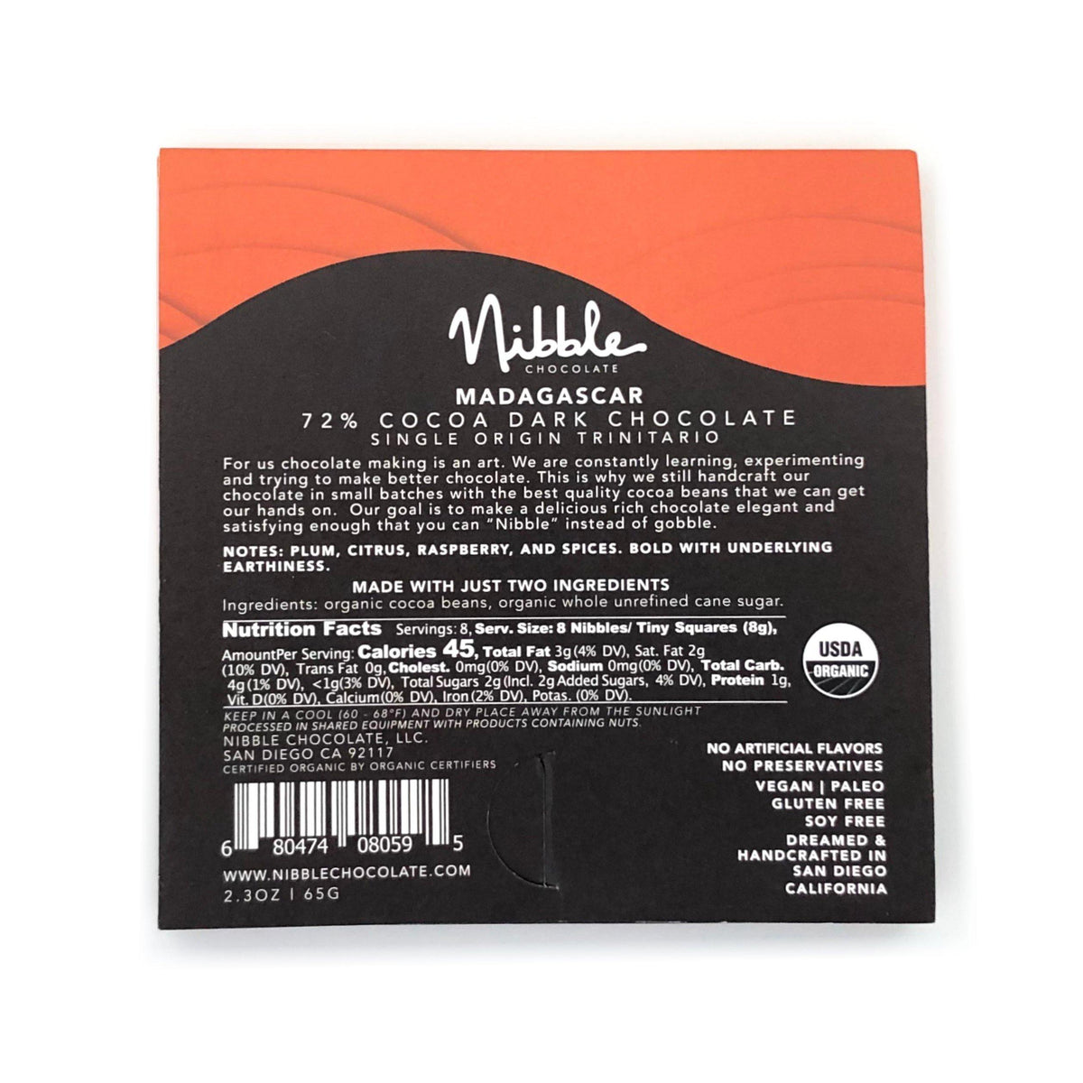 Nibble Chocolate Madagascar 72% Cocoa dark chocolate packaging with ingredients and nutrition facts.