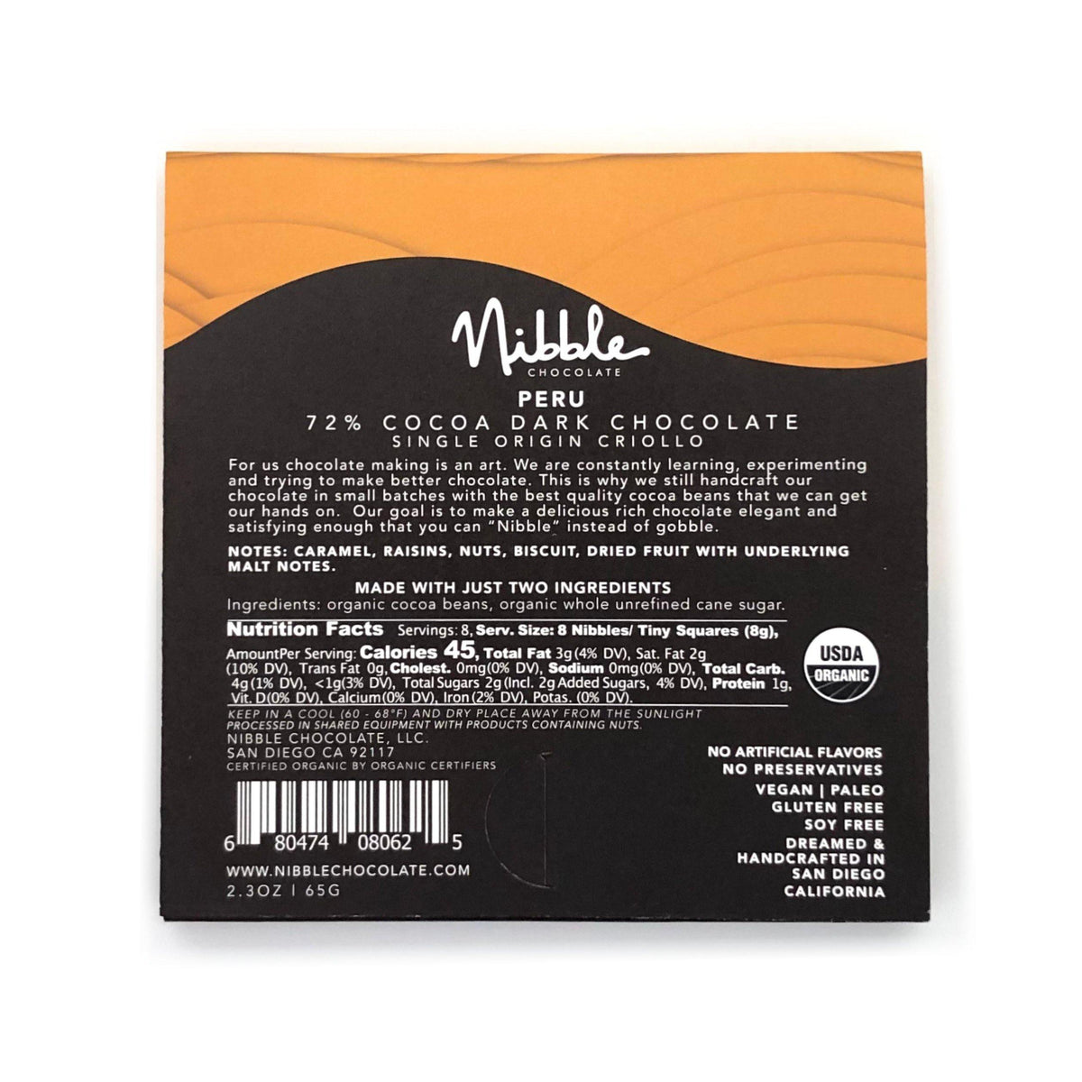 Nibble Chocolate 72% Cocoa Dark Chocolate from Peru, single origin Criollo, featuring nutrition facts.