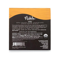 Nibble Chocolate 85% cocoa dark chocolate single origin Criollo, organic, nutritional info on packaging.