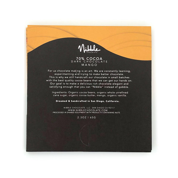 Back label of 70% Cocoa Madagascar Mango Infused Chocolate Bar – Nibble Chocolate ingredients