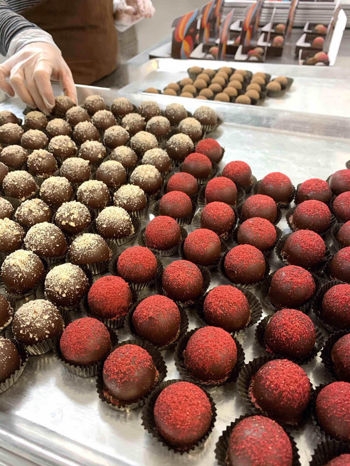 Handcrafted vegan chocolate truffles in production at Nibble Chocolate