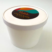 Top view of white bulk chocolate container with colorful Nibble Chocolate label