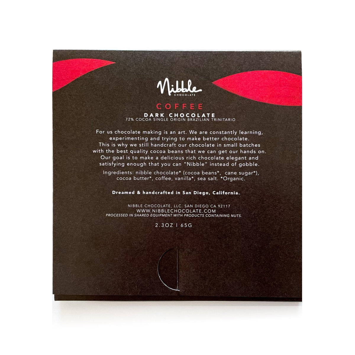 Nibble Chocolate Coffee Dark Chocolate packaging with details on ingredients and production, 72% cocoa, handcrafted.