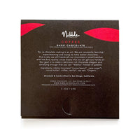Nibble Chocolate Coffee Dark Chocolate packaging with details on ingredients and production, 72% cocoa, handcrafted.